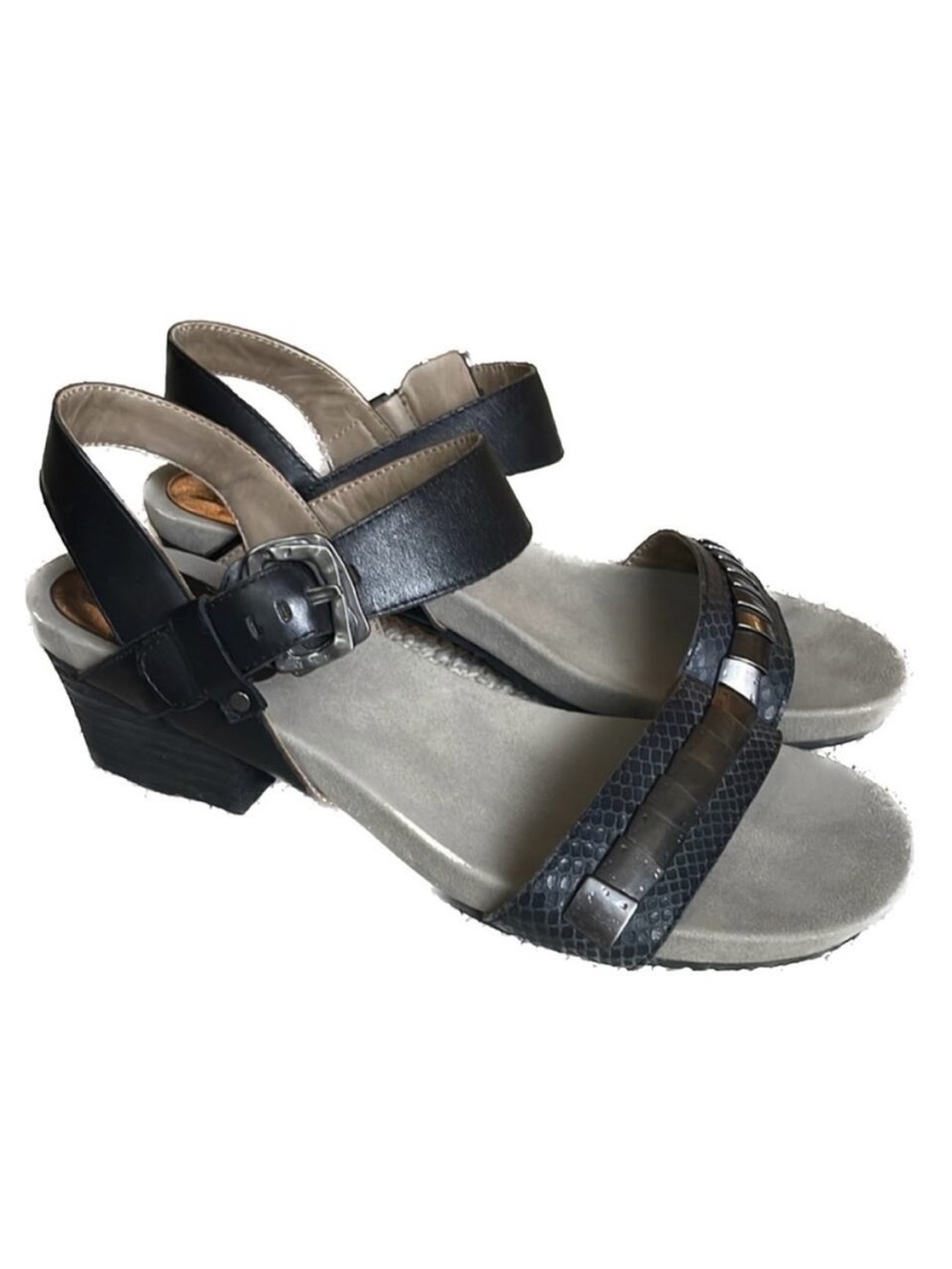 OTBT La Luz Block Heel Sandal Women's Size 9 Black Leather Snakeskin Embossed